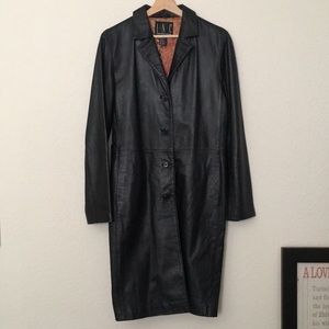 Mid calf length black leather jacket